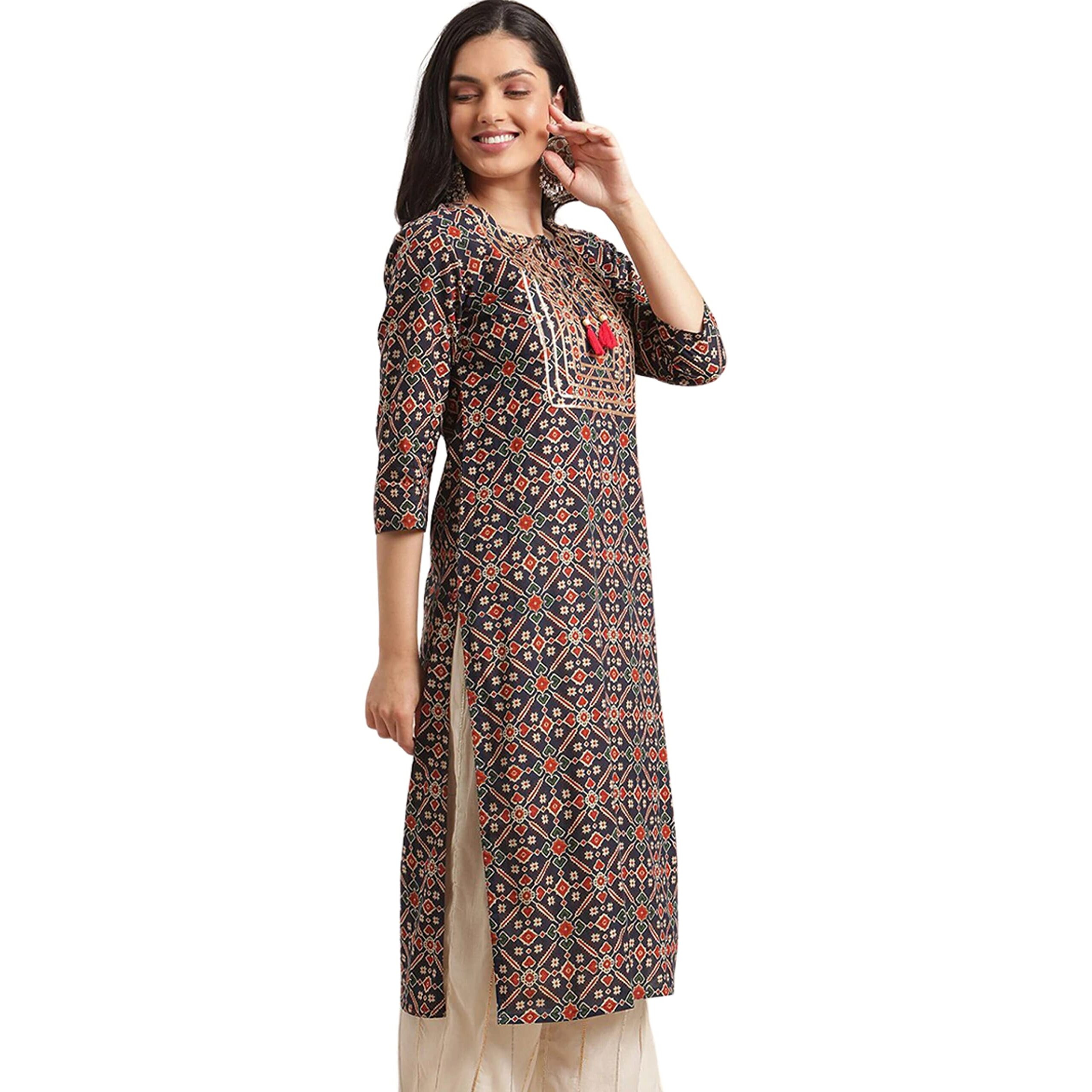 Rytras Women's Cotton Printed Straight Kurta(Ryt310_Blue_Large)