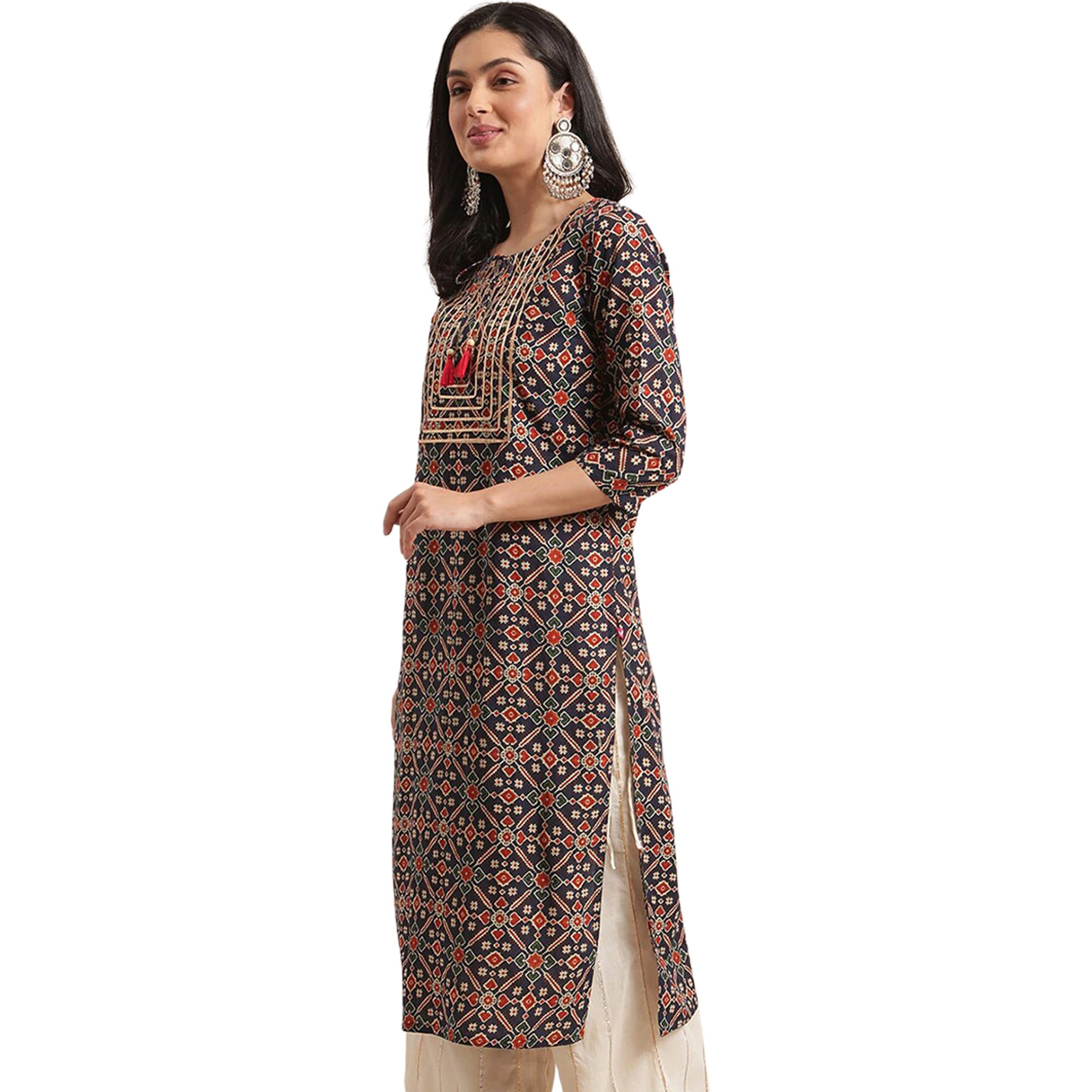 Rytras Women's Cotton Printed Straight Kurta(Ryt310_Blue_Large)