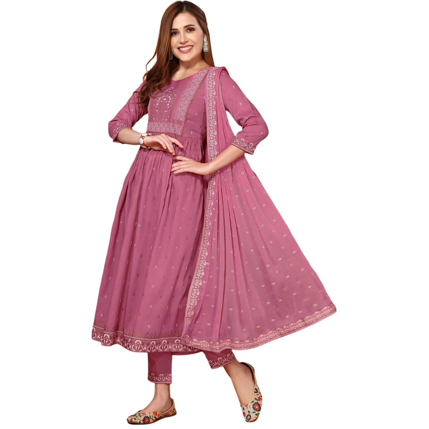 Sanisa Women's Chinnon Pigment & Foil Printed Anarkali Kurta With Pant And Pigment Printed Dupatta (66Kbd755Nz-Xl_Dusty Pink)