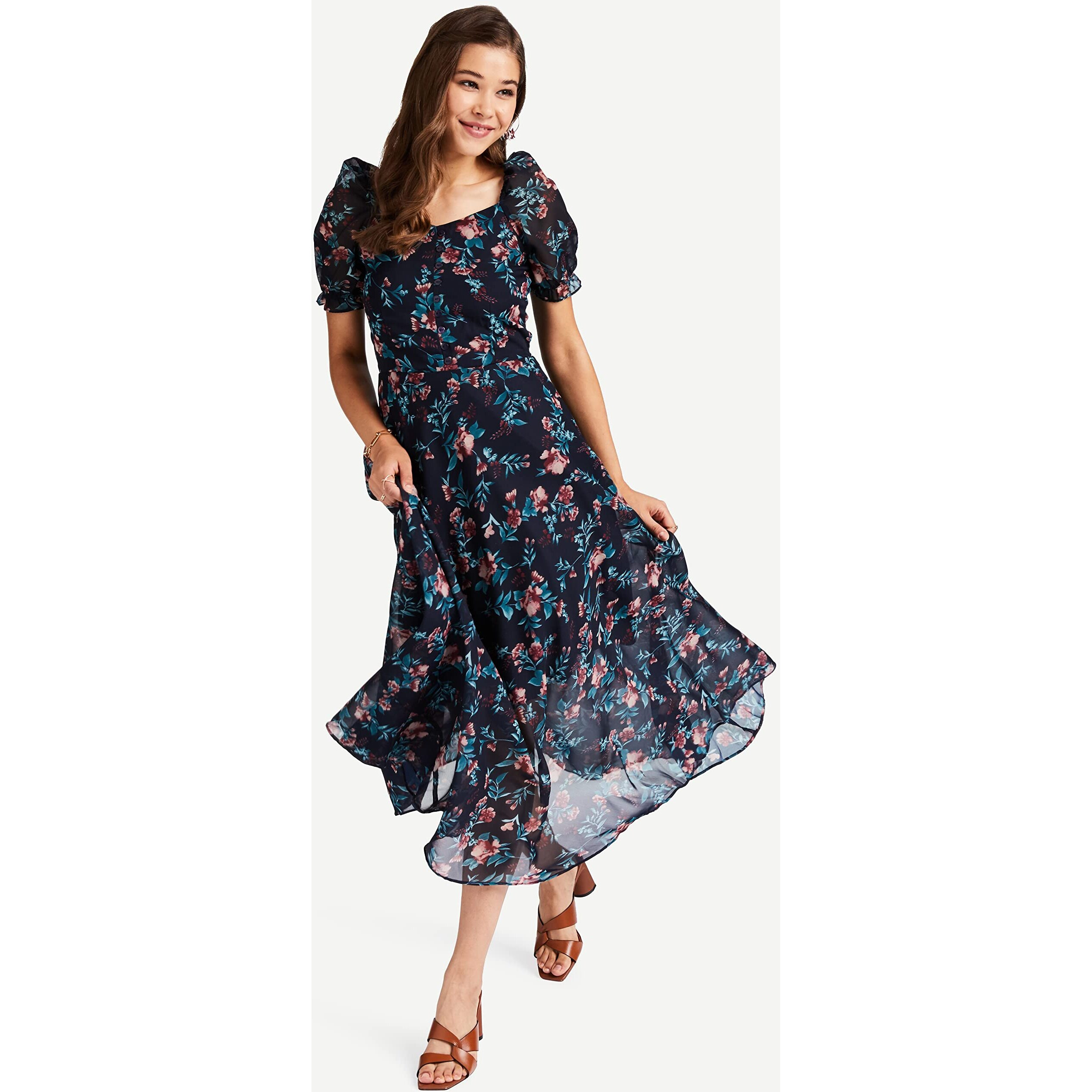 Rare Women's Georgette Fit And Flare Maxi Casual Dress (Ep6218_Blue_X-Small)