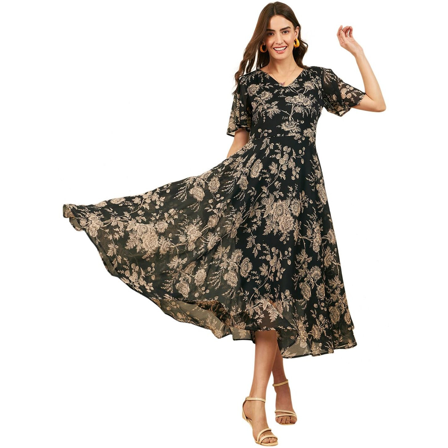 Rare Women's Georgette Fit And Flare Maxi Dress (Ep3153N_Khaki_M)