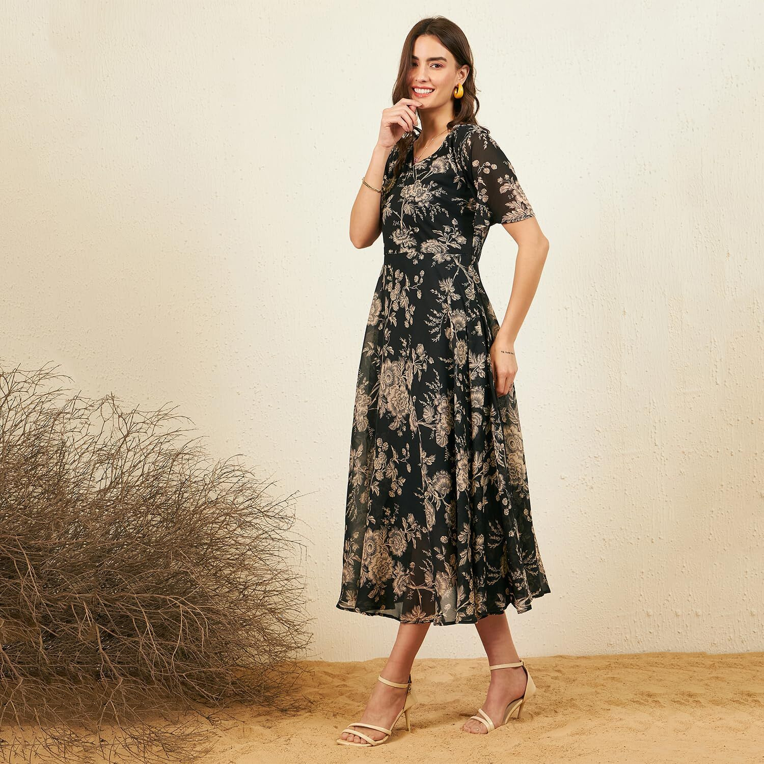 Rare Women's Georgette Fit And Flare Maxi Dress (Ep3153N_Khaki_M)