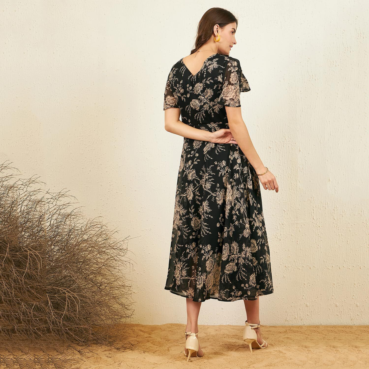 Rare Women's Georgette Fit And Flare Maxi Dress (Ep3153N_Khaki_M)