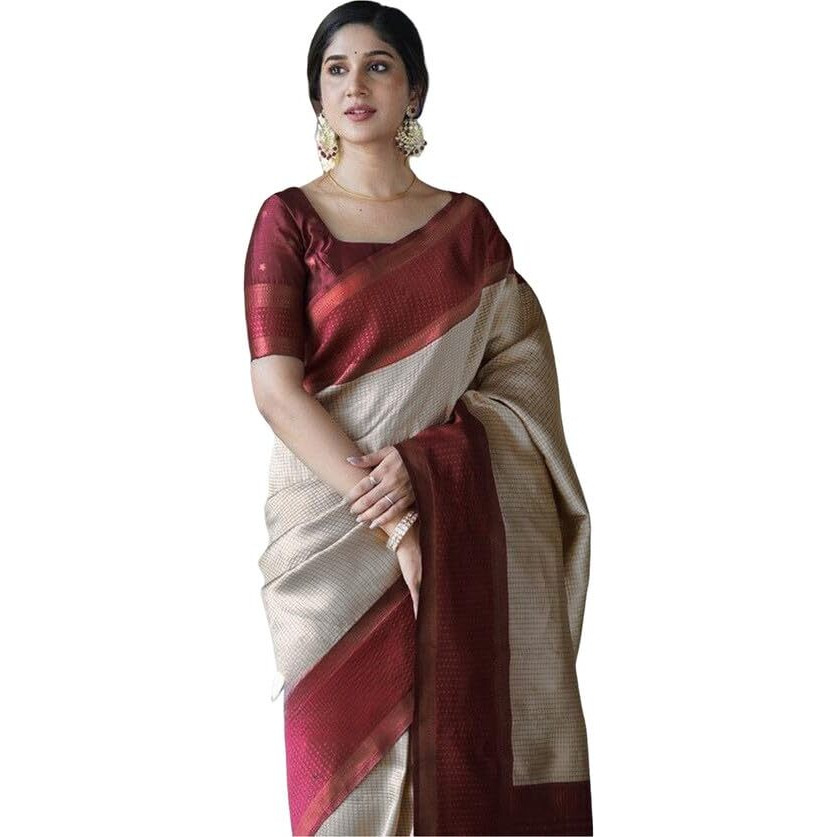 Satrani Women's Poly Silk Banarasi Jacquard Saree With Unstitched Blouse Piece (3368S101N_Off White1)