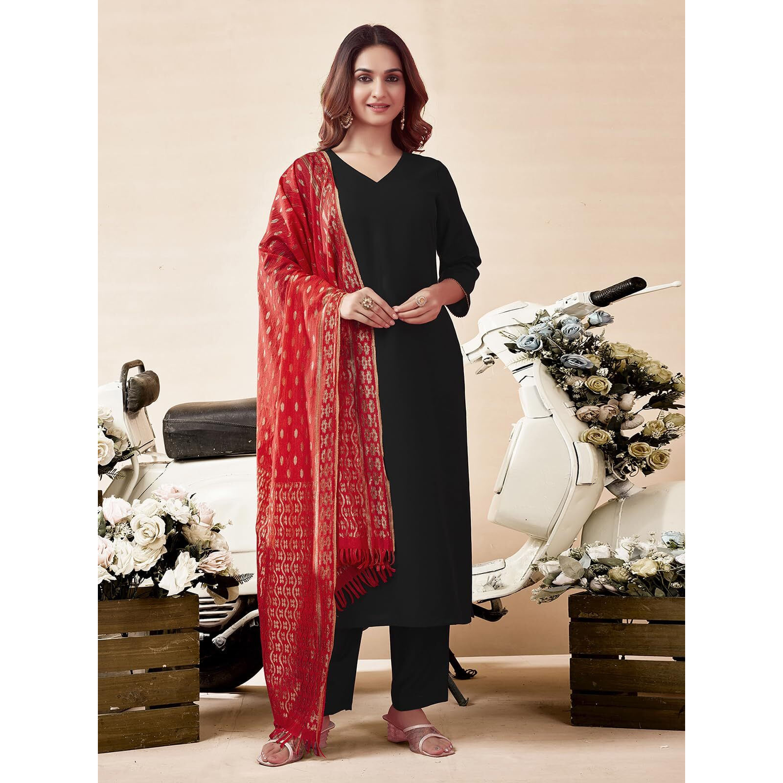 Sanisa Women's Rayon Blend Solid Straight Kurta With Pant And Dupatta (125Kbd1352N-L_Black)