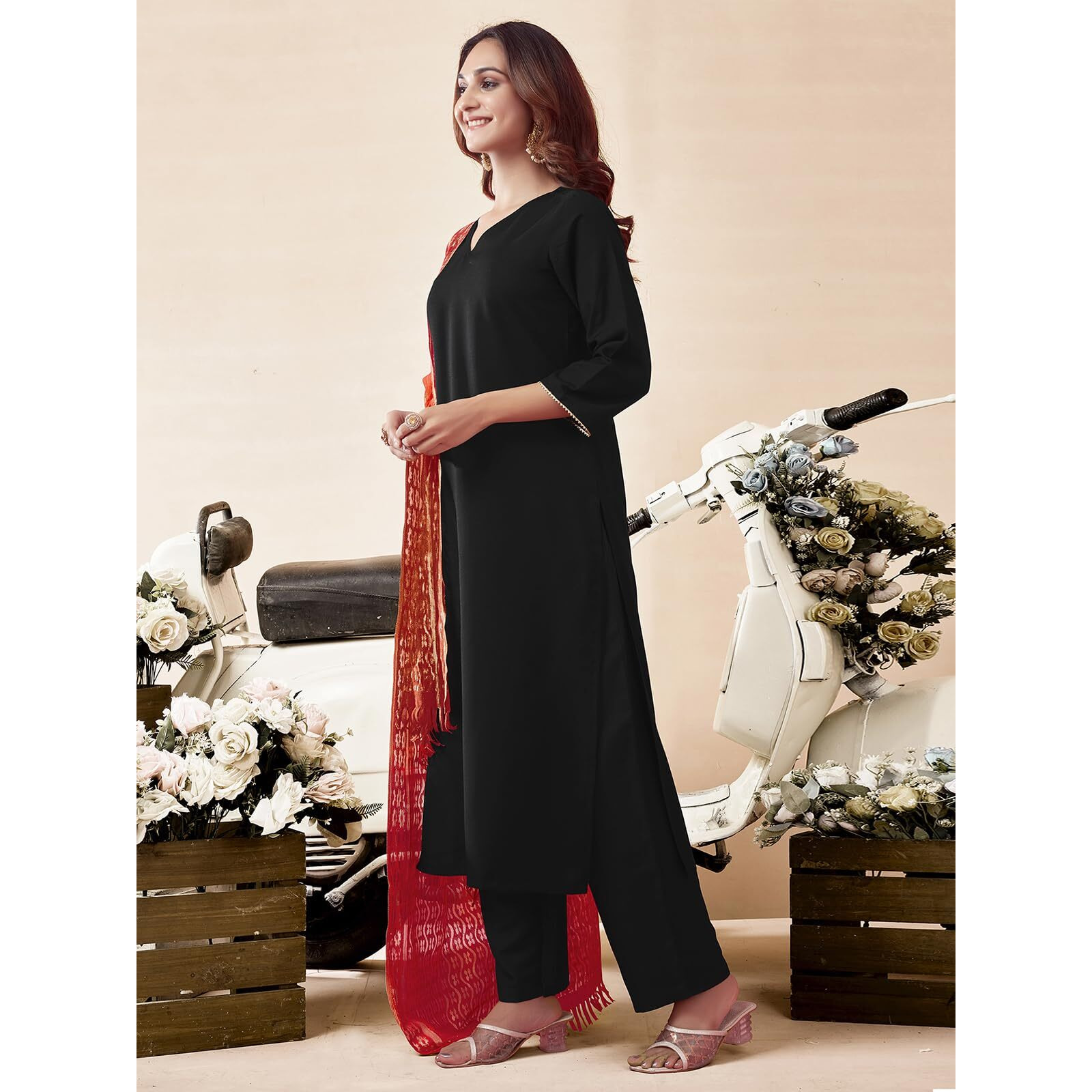 Sanisa Women's Rayon Blend Solid Straight Kurta With Pant And Dupatta (125Kbd1352N-L_Black)