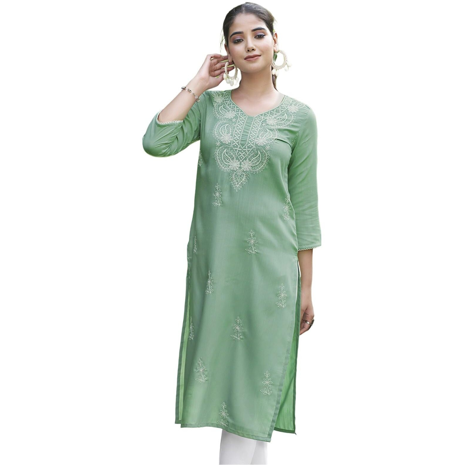 Sanisa Women's Cotton Blend Chikankari Embroidery Straight Kurti (476K10043N-S_Pista Green)