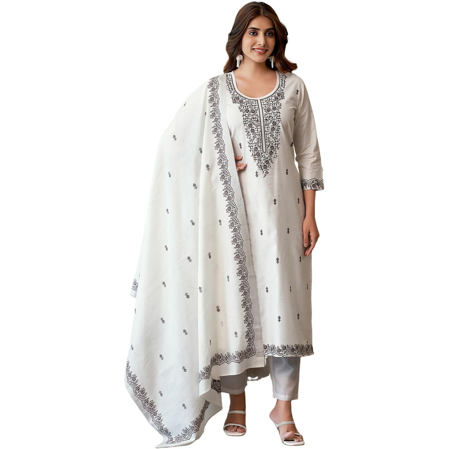 Sanisa Women's Cotton Jacquard Work Straight Kurta With Pant And Dupatta Set (212Kbd2241Na-M_Off White & Brown)