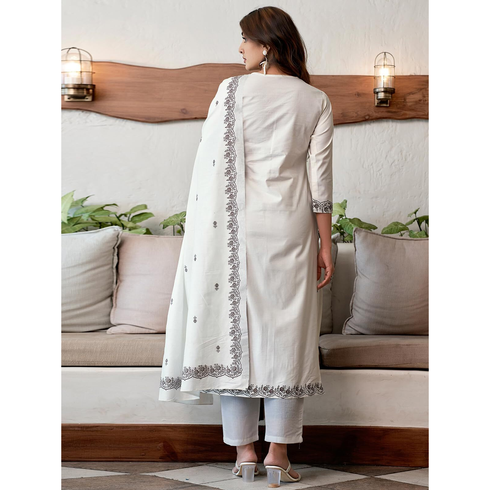 Sanisa Women's Cotton Jacquard Work Straight Kurta With Pant And Dupatta Set (212Kbd2241Na-M_Off White & Brown)