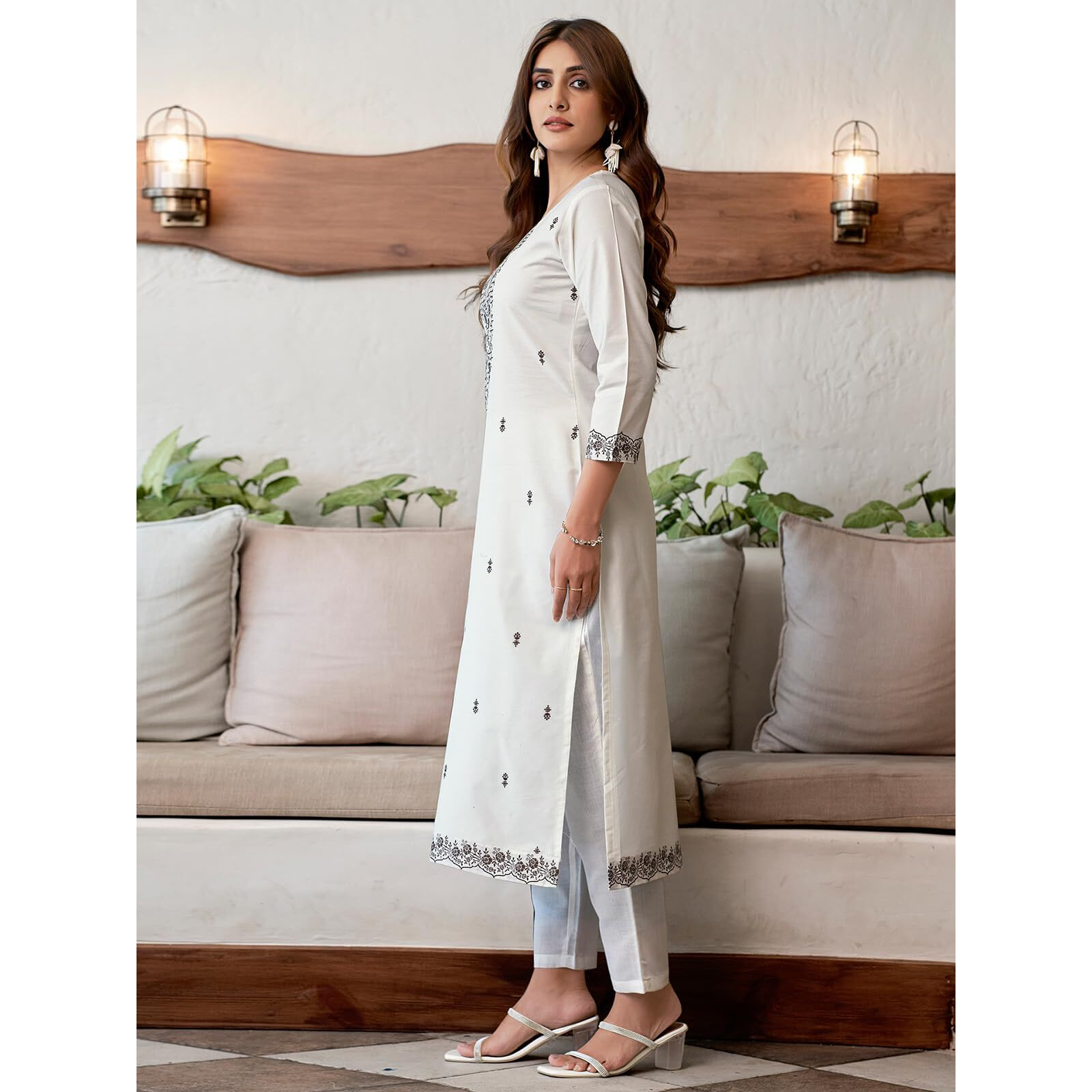 Sanisa Women's Cotton Jacquard Work Straight Kurta With Pant And Dupatta Set (212Kbd2241Na-M_Off White & Brown)