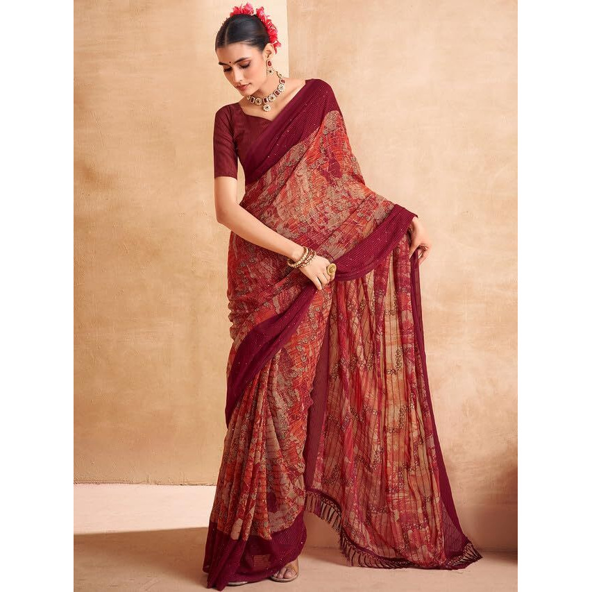 Satrani Women's Georgette Printed & Sequence Woven Work Saree With Unstitched Blouse Piece (3476S712N_Maroon & Orange & Multi)