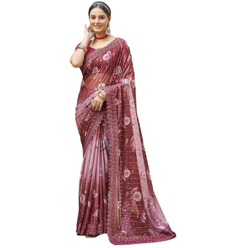 Satrani Women's Lycra Digital Printed & Stone Work Saree With Unstitched Blouse Piece (3402S262N_Maroon & Light Pink)