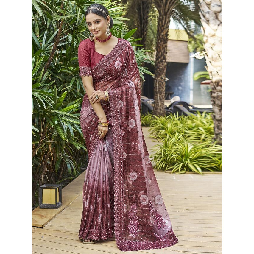 Satrani Women's Lycra Digital Printed & Stone Work Saree With Unstitched Blouse Piece (3402S262N_Maroon & Light Pink)