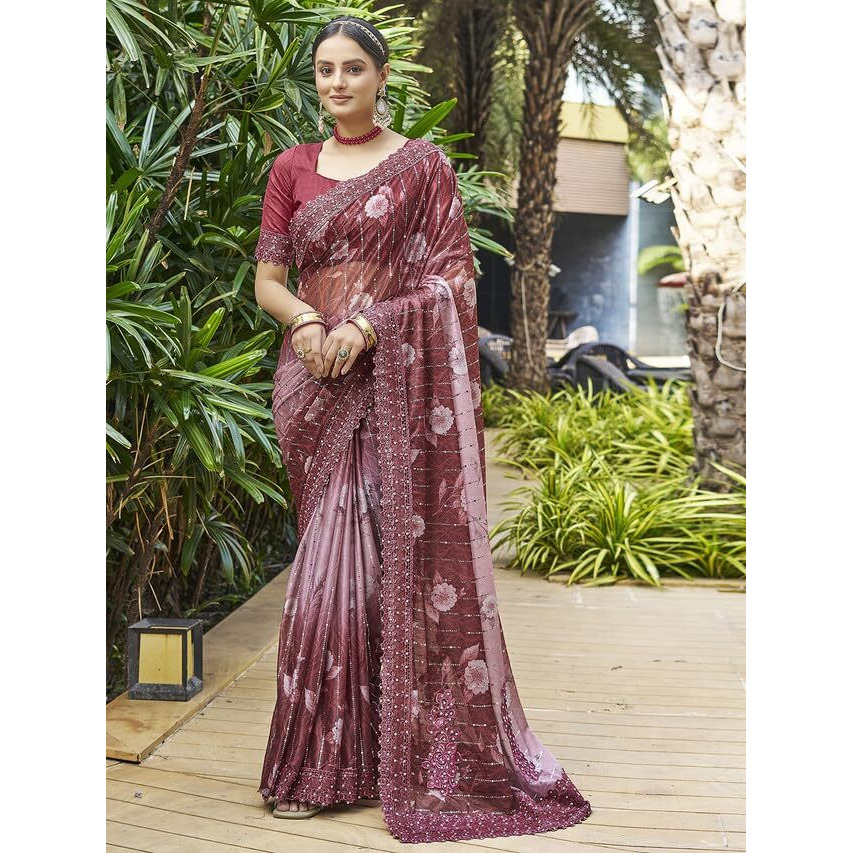Satrani Women's Lycra Digital Printed & Stone Work Saree With Unstitched Blouse Piece (3402S262N_Maroon & Light Pink)