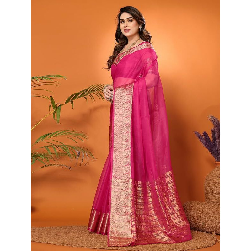 Satrani Women's Organza Dyed & Woven Zari Patta & Jacquard Saree With Unstitched Blouse Piece (3276S254N_Rani Pink4)