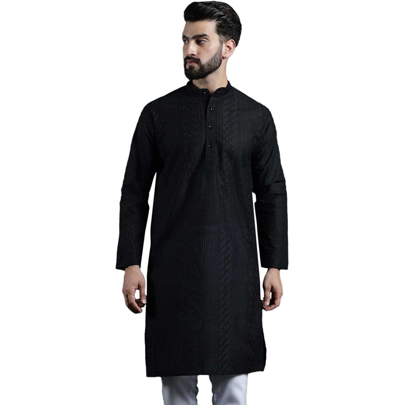 Sojanya (Since 1958 Men's Cotton Thread Embroidered Black Long Kurta