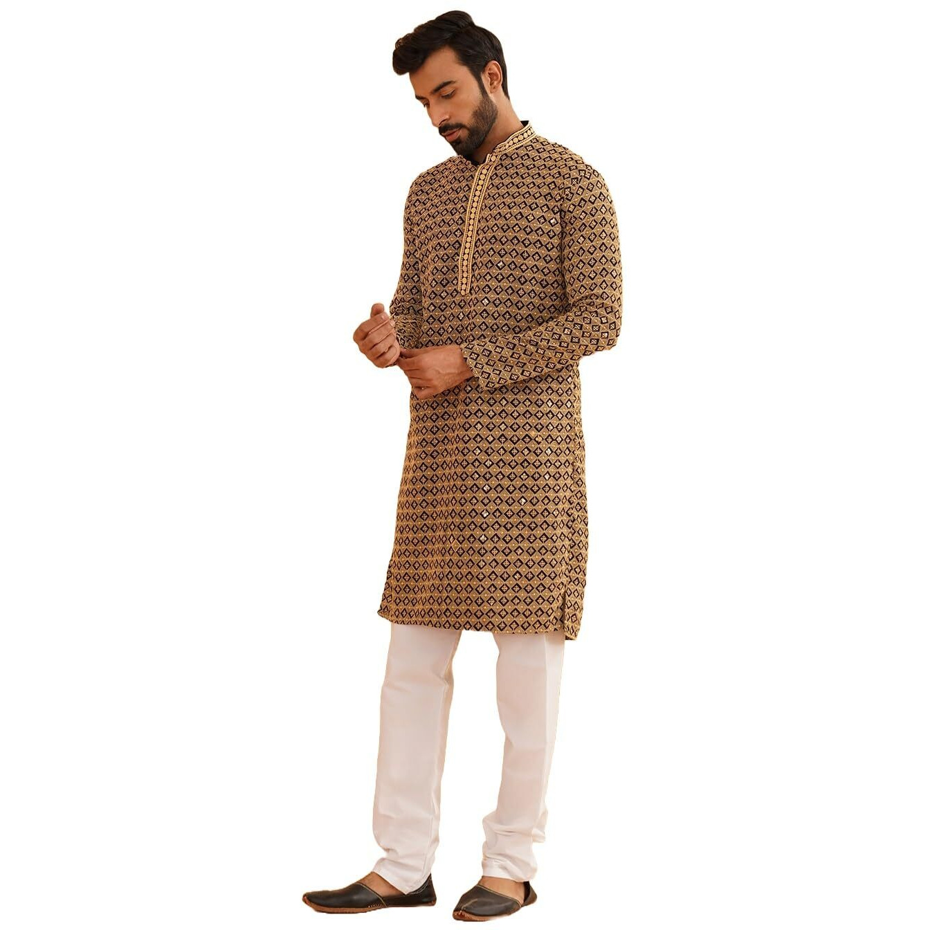 Sojanya (Since 1958 Men's Cotton Gold Embroidered Sequinned Gold Kurta With White Churidar Pyjama