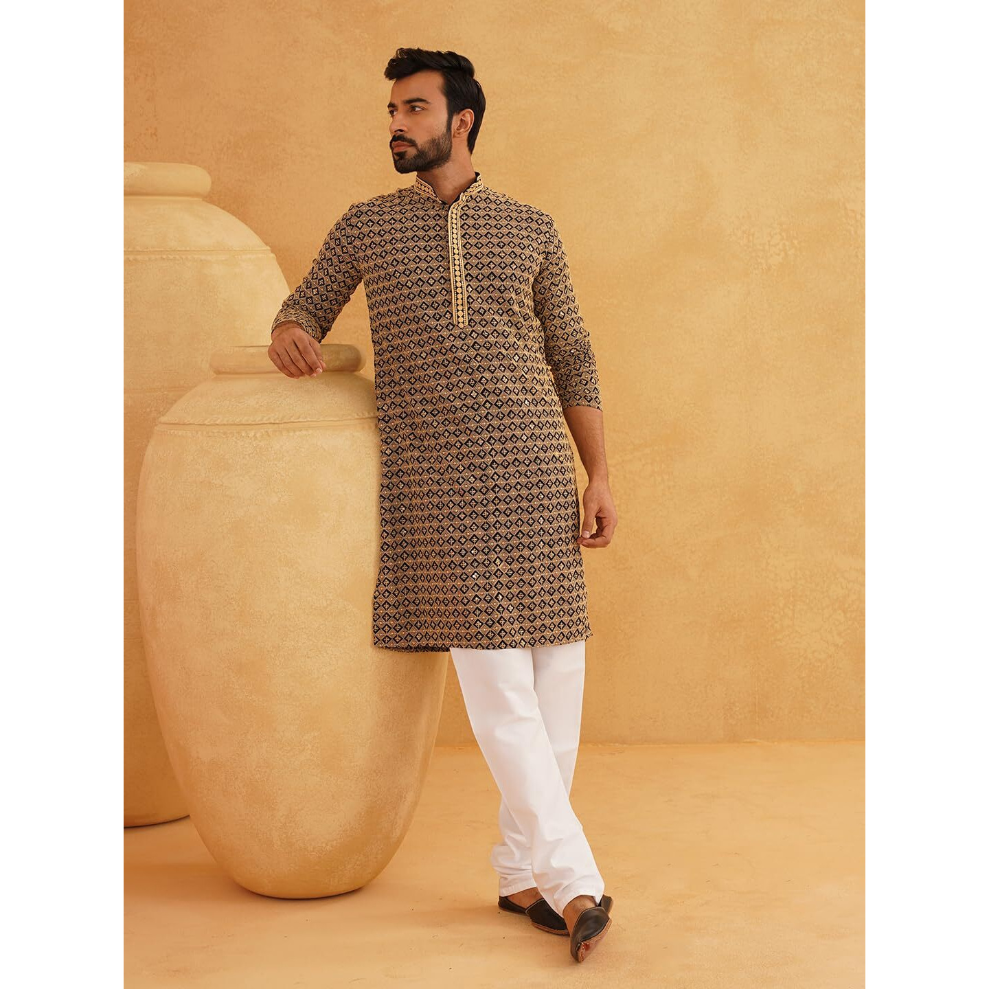 Sojanya (Since 1958 Men's Cotton Gold Embroidered Sequinned Gold Kurta With White Churidar Pyjama