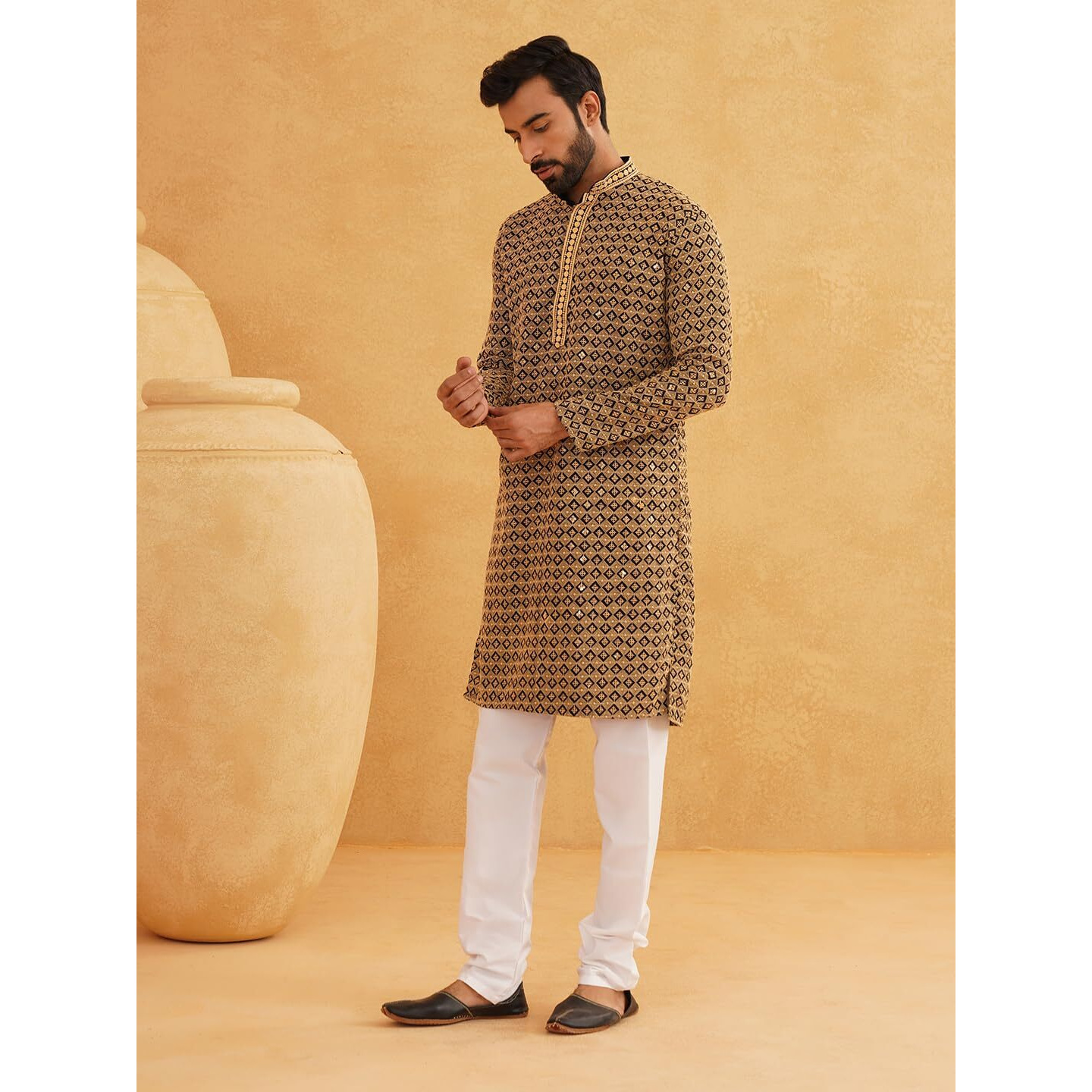 Sojanya (Since 1958 Men's Cotton Gold Embroidered Sequinned Gold Kurta With White Churidar Pyjama