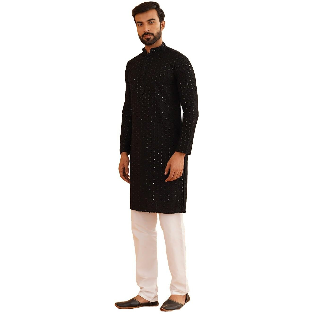 Sojanya (Since 1958 Men's Pure Cotton Black Embroidered Sequined Kurta And White Pyjama Set