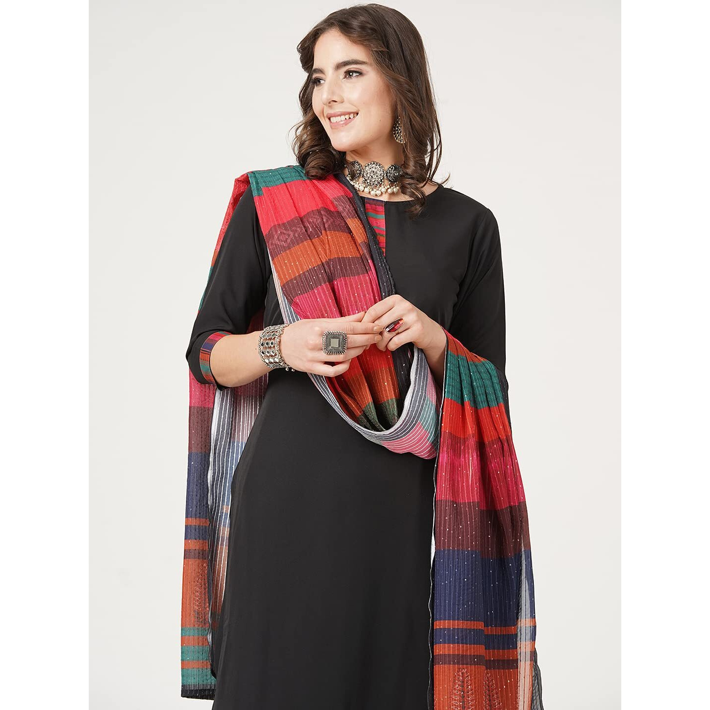 Shiv Textiles Digital Printed Round Neck Polyester Straight Kurta Set With Pent Duppata For Womens (205-Black-L)