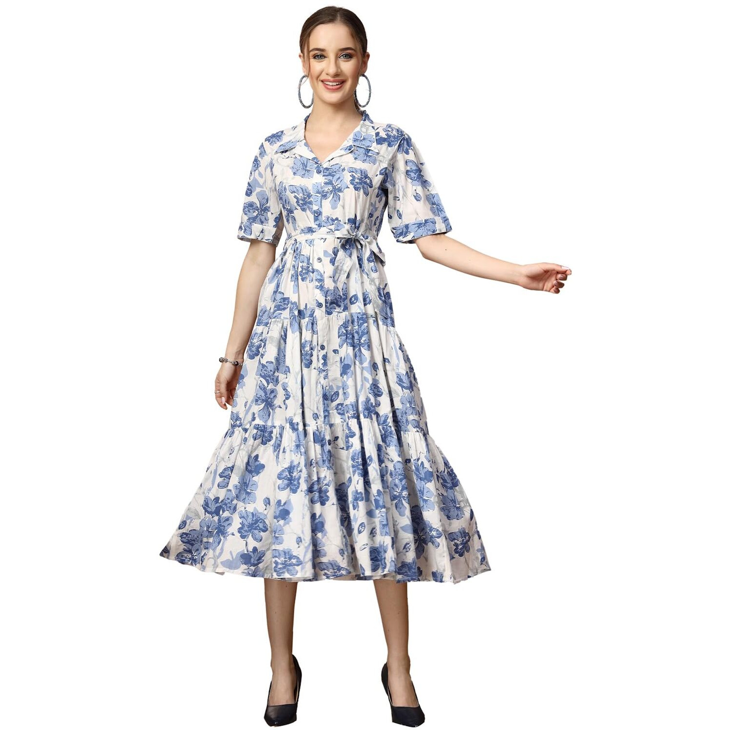 Stylum Women's Floral Printed Cotton Flared Dress (Drsbluekinnu38_Blue, M)