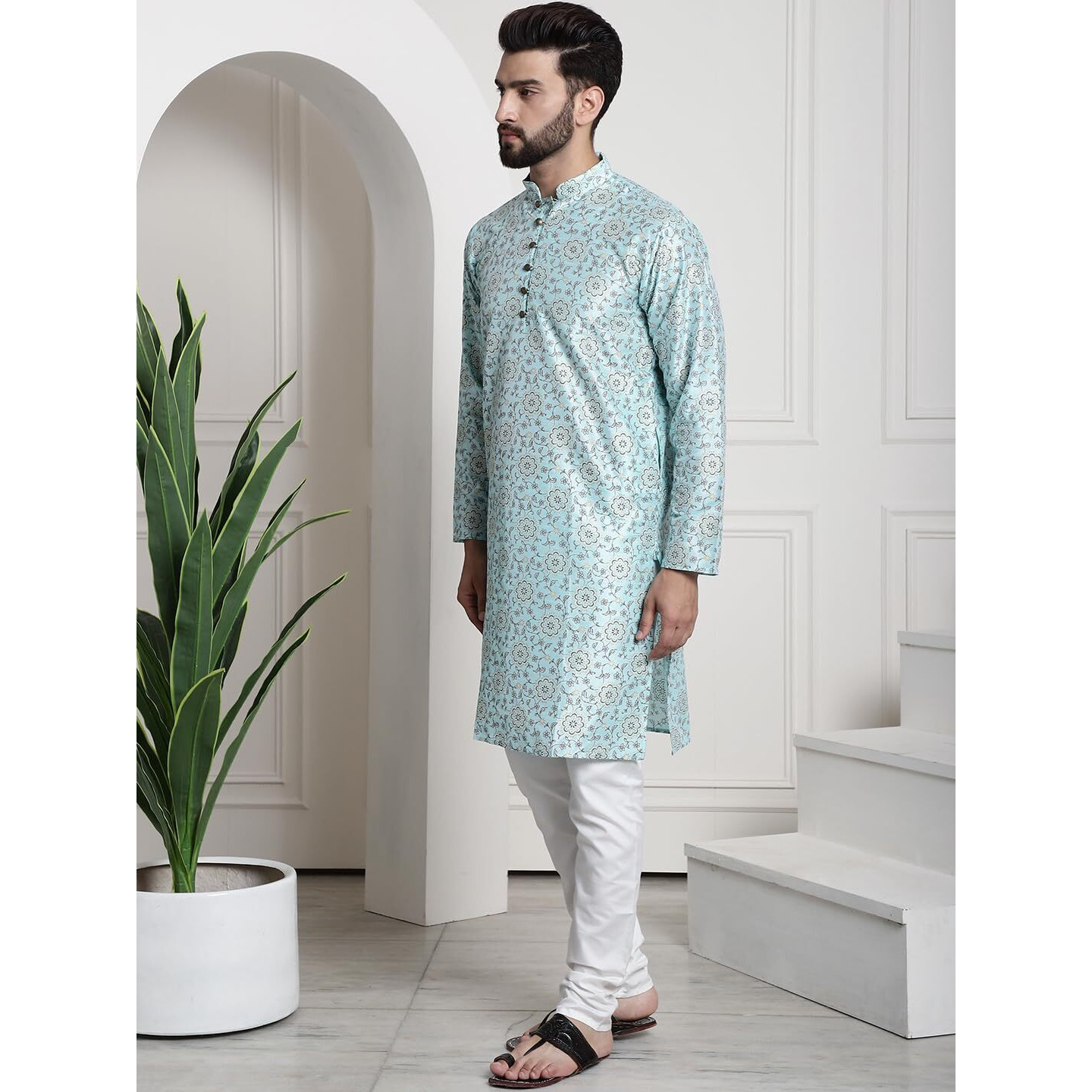 Sojanya (Since 1958 Men's Silk Blend Print Sea Green Kurta & Cream Pyjama With Black Nehrujacket