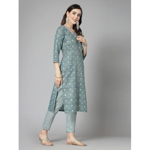 Stylum Women's Printed Cotton Blend Straight Kurta Pant Set (Kptinnyrama36_Sea Green, S)