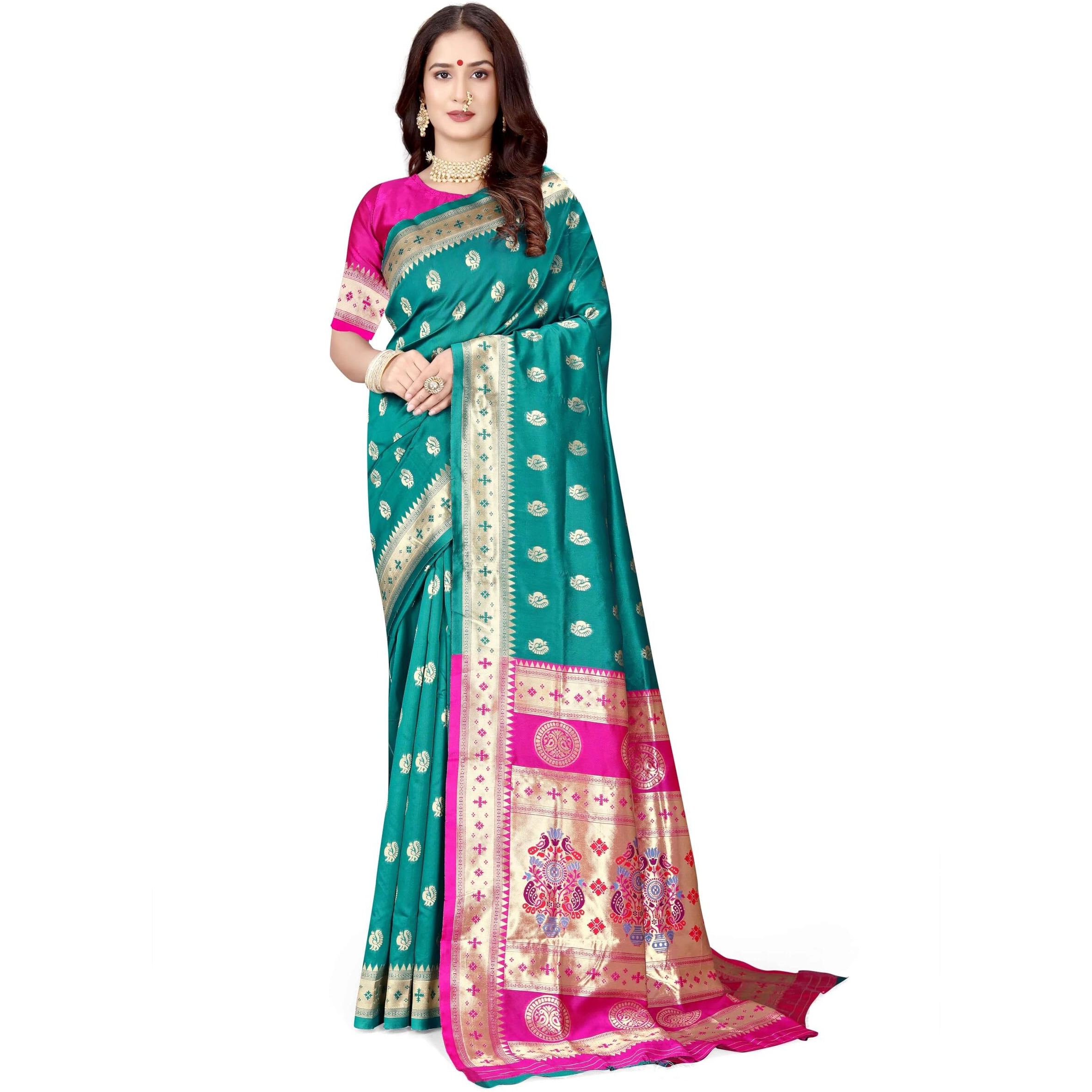 Sugathari Women's Banarasi Saree Pure Paithani Kanjivaram Silk Soft New Ladies 2024 Design Wear Pattu Sarees Latest Cotton Party Sari Collections With Blouse Piece For Wedding Sadi (Pari-201 Rama)