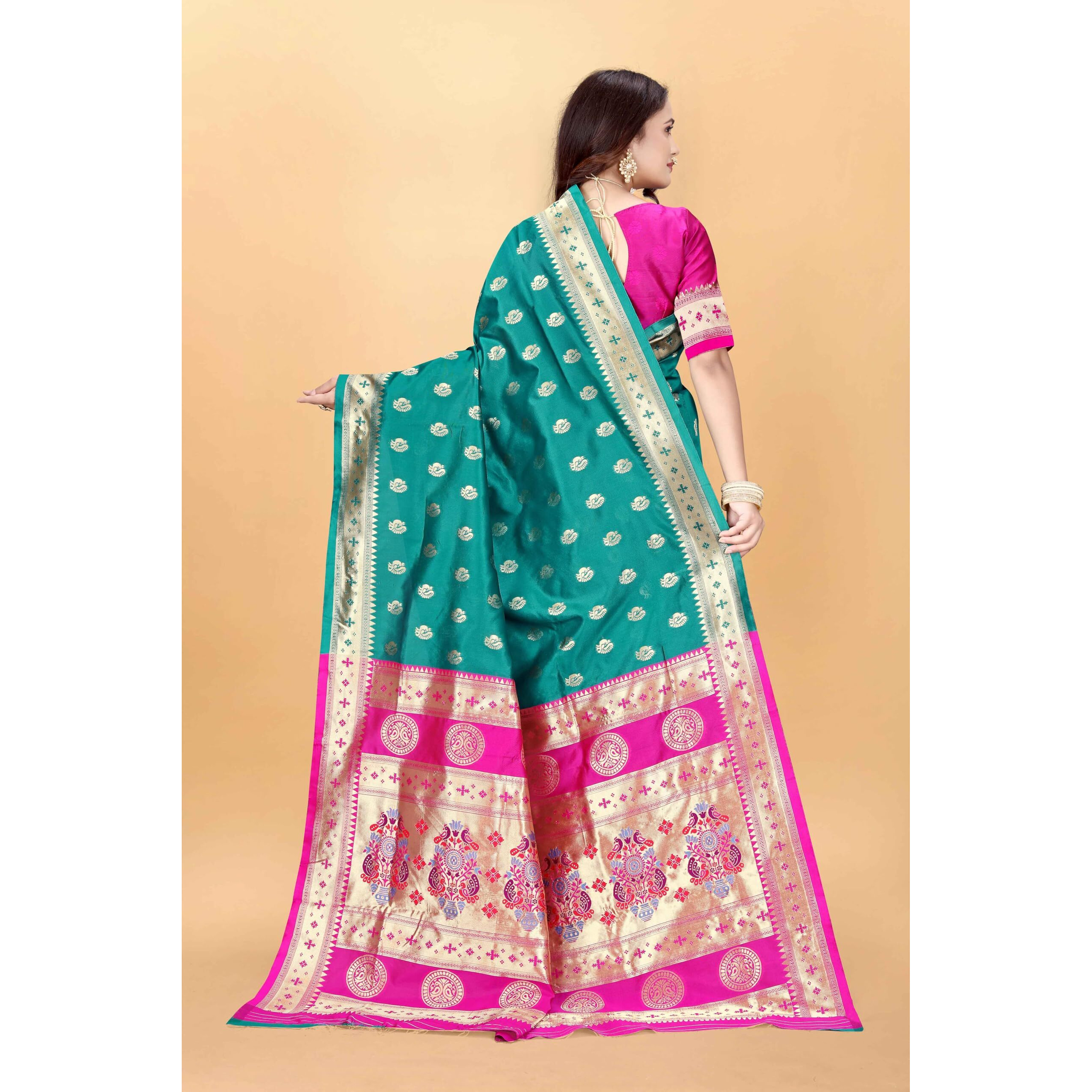 Sugathari Women's Banarasi Saree Pure Paithani Kanjivaram Silk Soft New Ladies 2024 Design Wear Pattu Sarees Latest Cotton Party Sari Collections With Blouse Piece For Wedding Sadi (Pari-201 Rama)