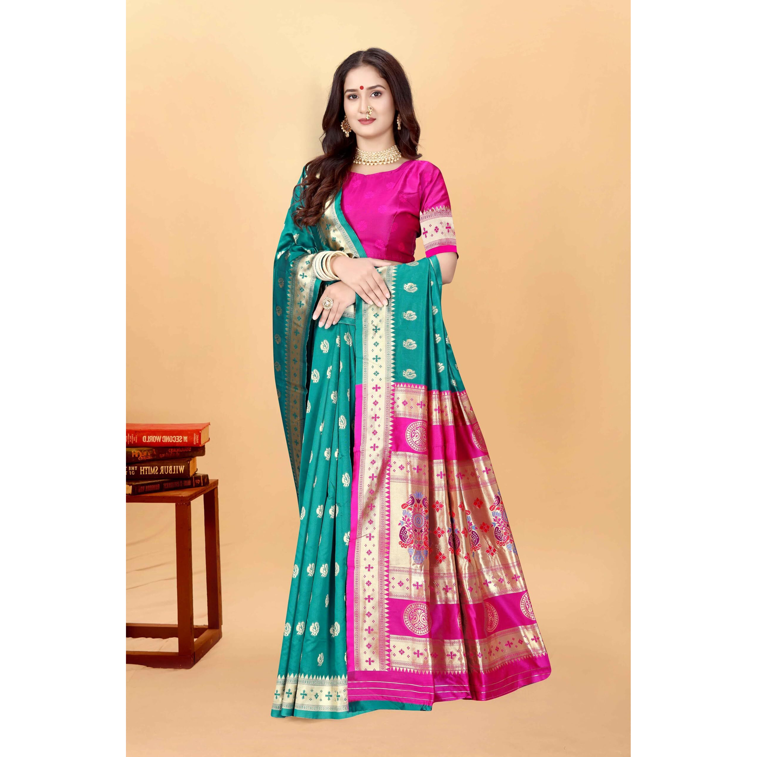 Sugathari Women's Banarasi Saree Pure Paithani Kanjivaram Silk Soft New Ladies 2024 Design Wear Pattu Sarees Latest Cotton Party Sari Collections With Blouse Piece For Wedding Sadi (Pari-201 Rama)