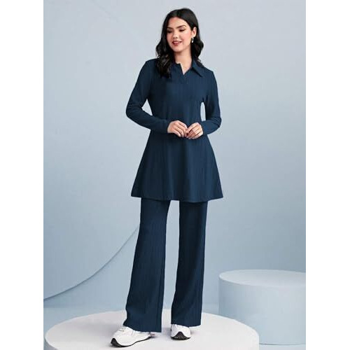 Tadkee Women's Solid Color Two-Piece Set | Long Sleeve Top & Wide Leg Pants Co-Ord Set | Casual Wear Co Ord Set (Fn-Full-Sleeve-Cord-125-Teal-L)