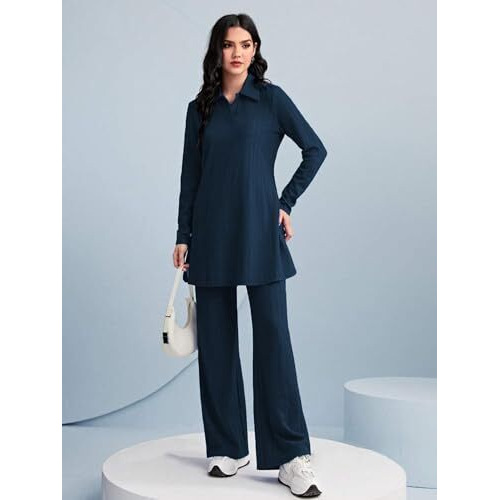 Tadkee Women's Solid Color Two-Piece Set | Long Sleeve Top & Wide Leg Pants Co-Ord Set | Casual Wear Co Ord Set (Fn-Full-Sleeve-Cord-125-Teal-L)