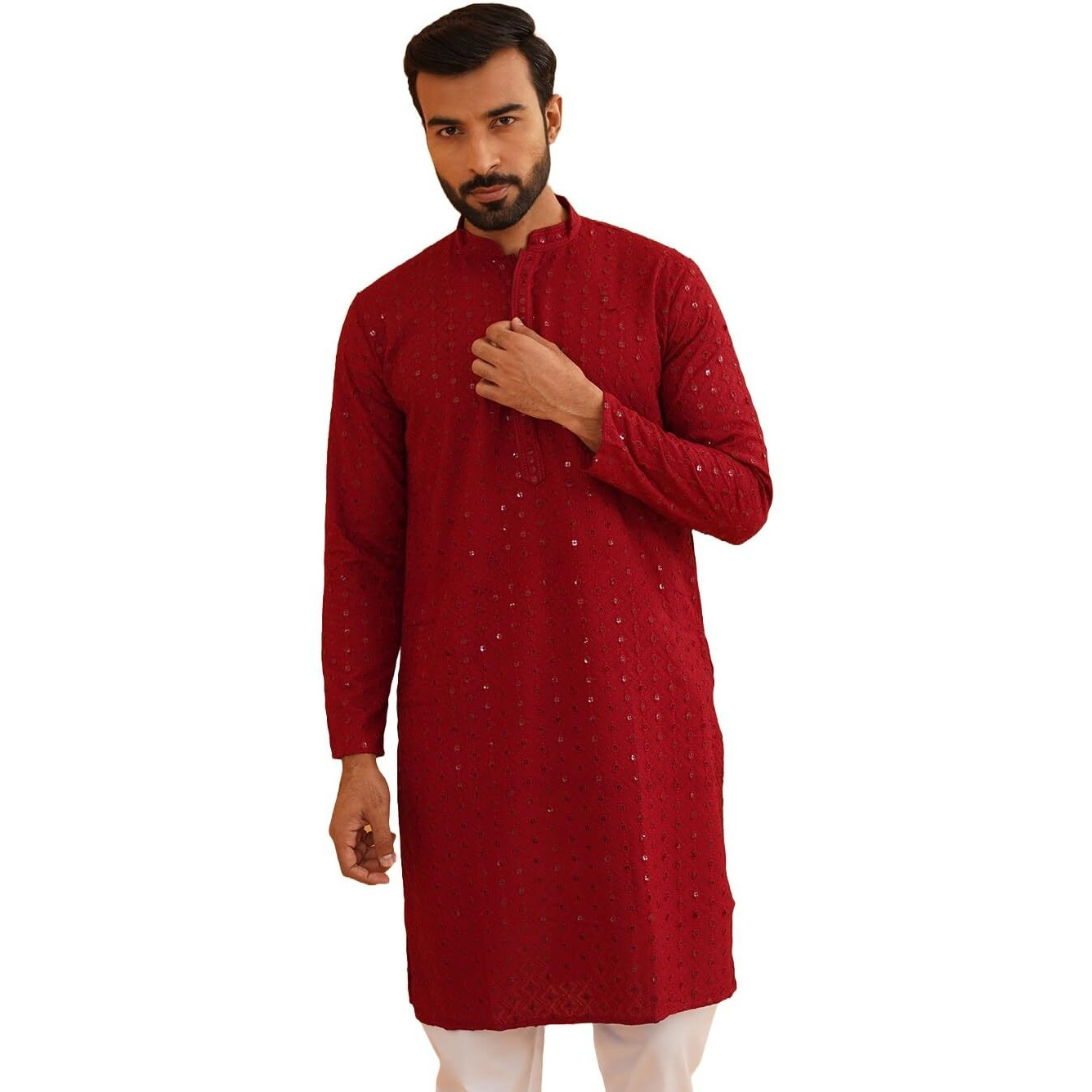 Sojanya (Since 1958 Men's Pure Cotton Maroon Embroidered Sequined Kurta