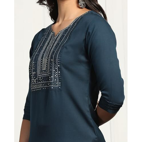 Tadkee Women's Straight Sequence Work Kurta With Pant (Fn-Sequance-Dot-Pair-104-Navy-M)