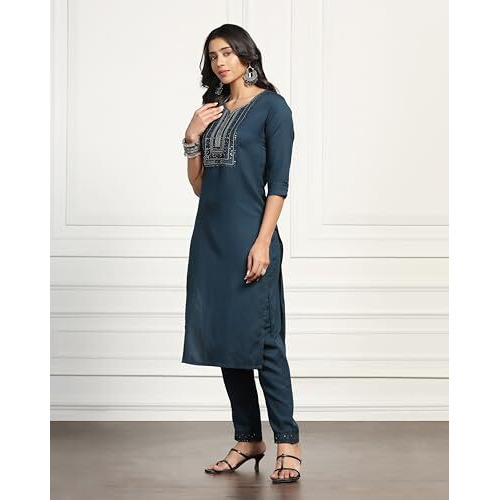 Tadkee Women's Straight Sequence Work Kurta With Pant (Fn-Sequance-Dot-Pair-104-Navy-M)