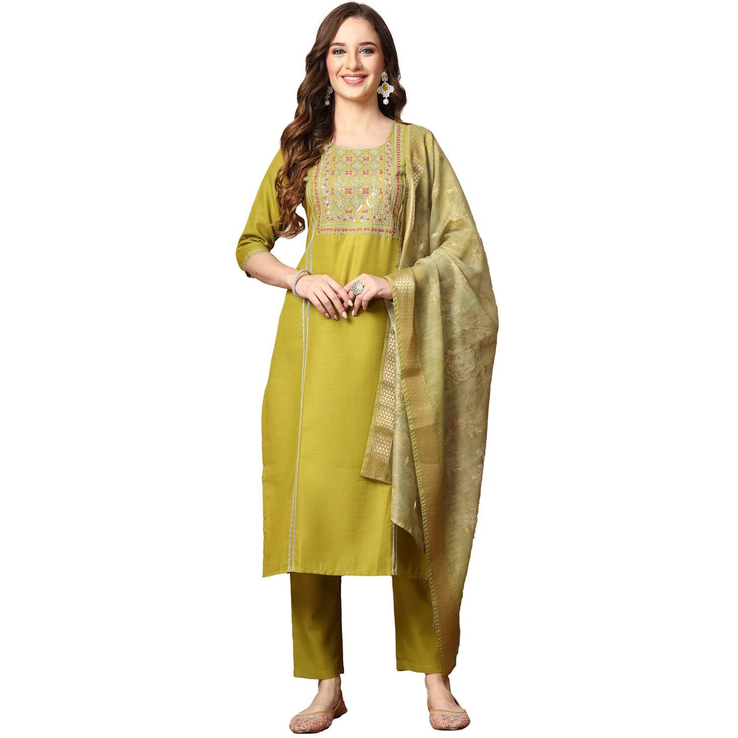 Stylum Women's Embroidered Cotton Blend Straight Kurta Pant Dupatta Set (Kpdgreenbhumi44_Green, Xxl)