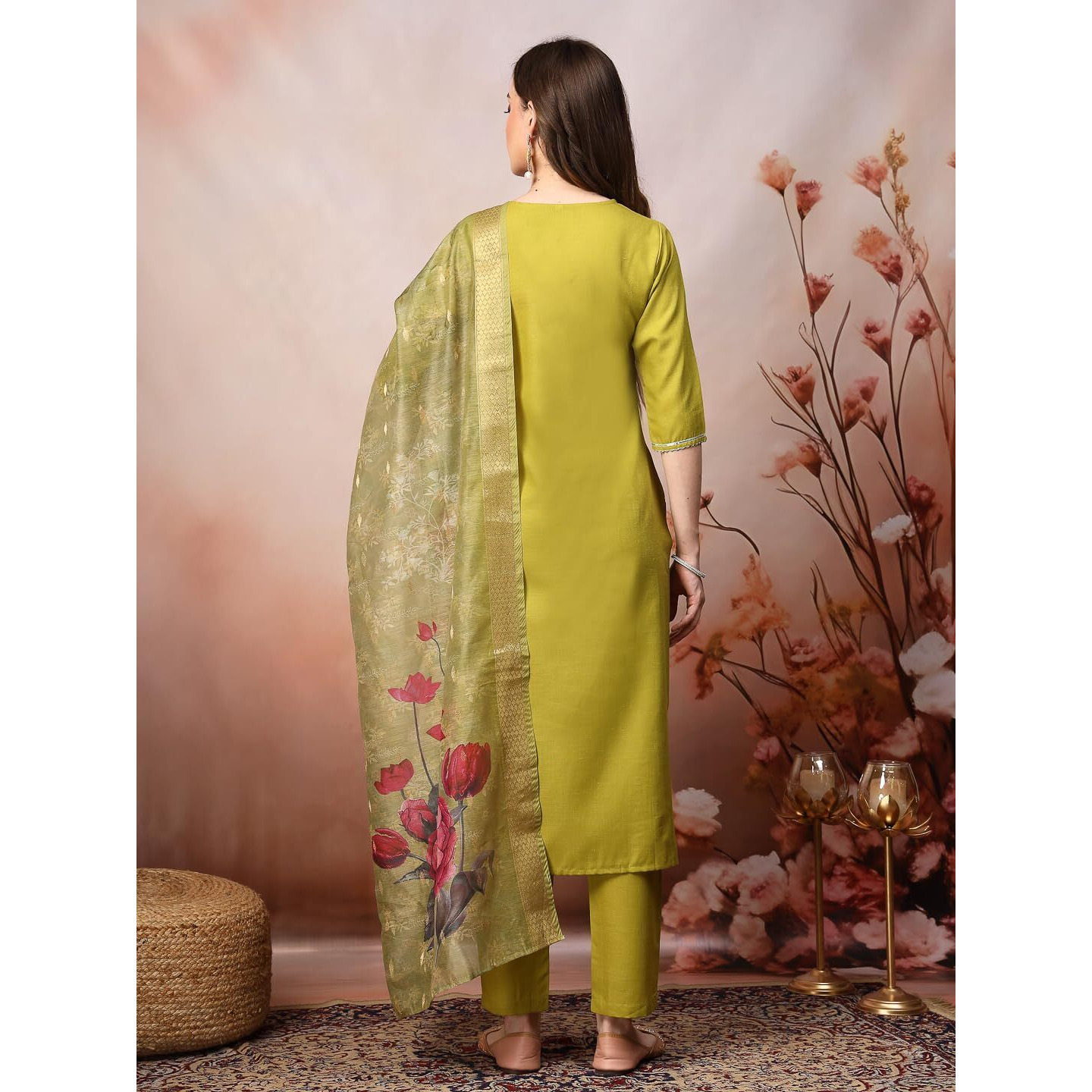 Stylum Women's Embroidered Cotton Blend Straight Kurta Pant Dupatta Set (Kpdgreenbhumi44_Green, Xxl)