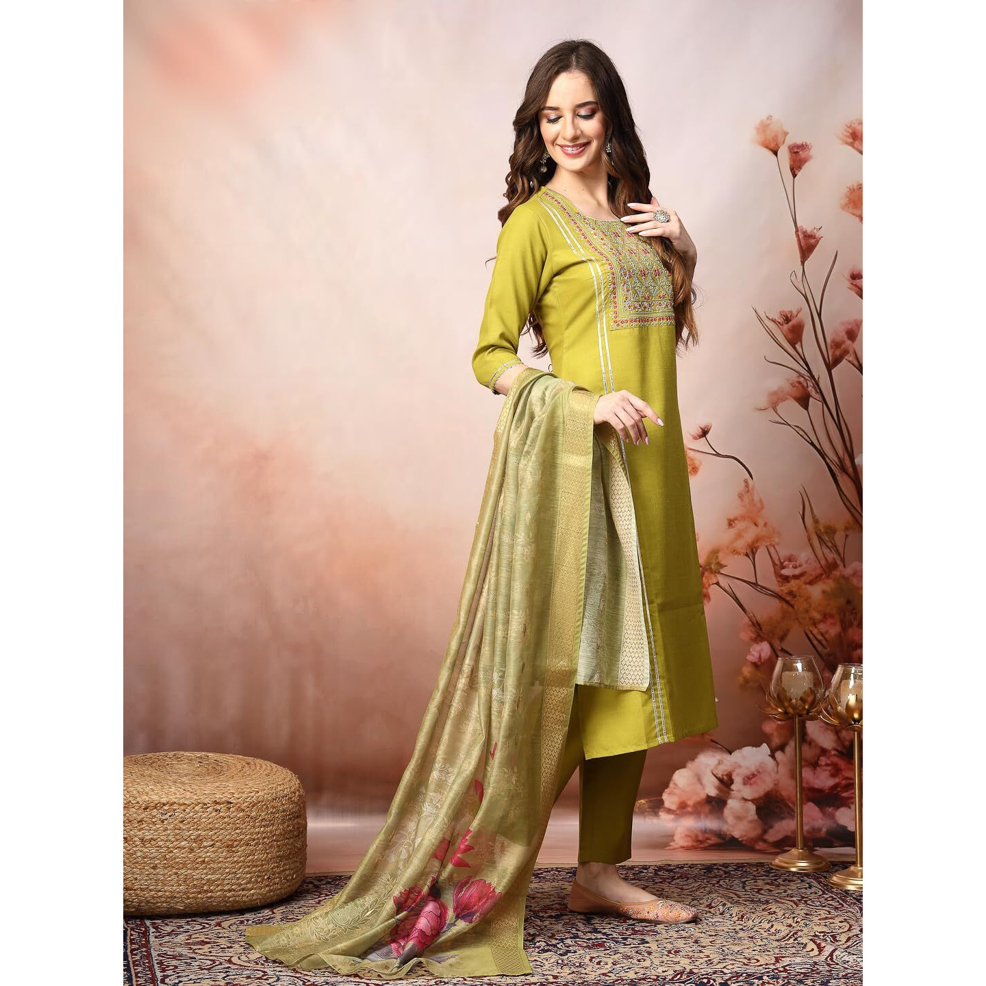 Stylum Women's Embroidered Cotton Blend Straight Kurta Pant Dupatta Set (Kpdgreenbhumi44_Green, Xxl)