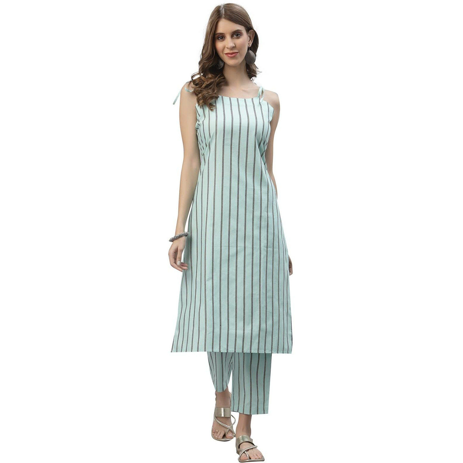 Stylum Women's Self Design Striped Cotton Blend Straight Kurta Pant Set (Kellyturq42_Light Blue, Xl)