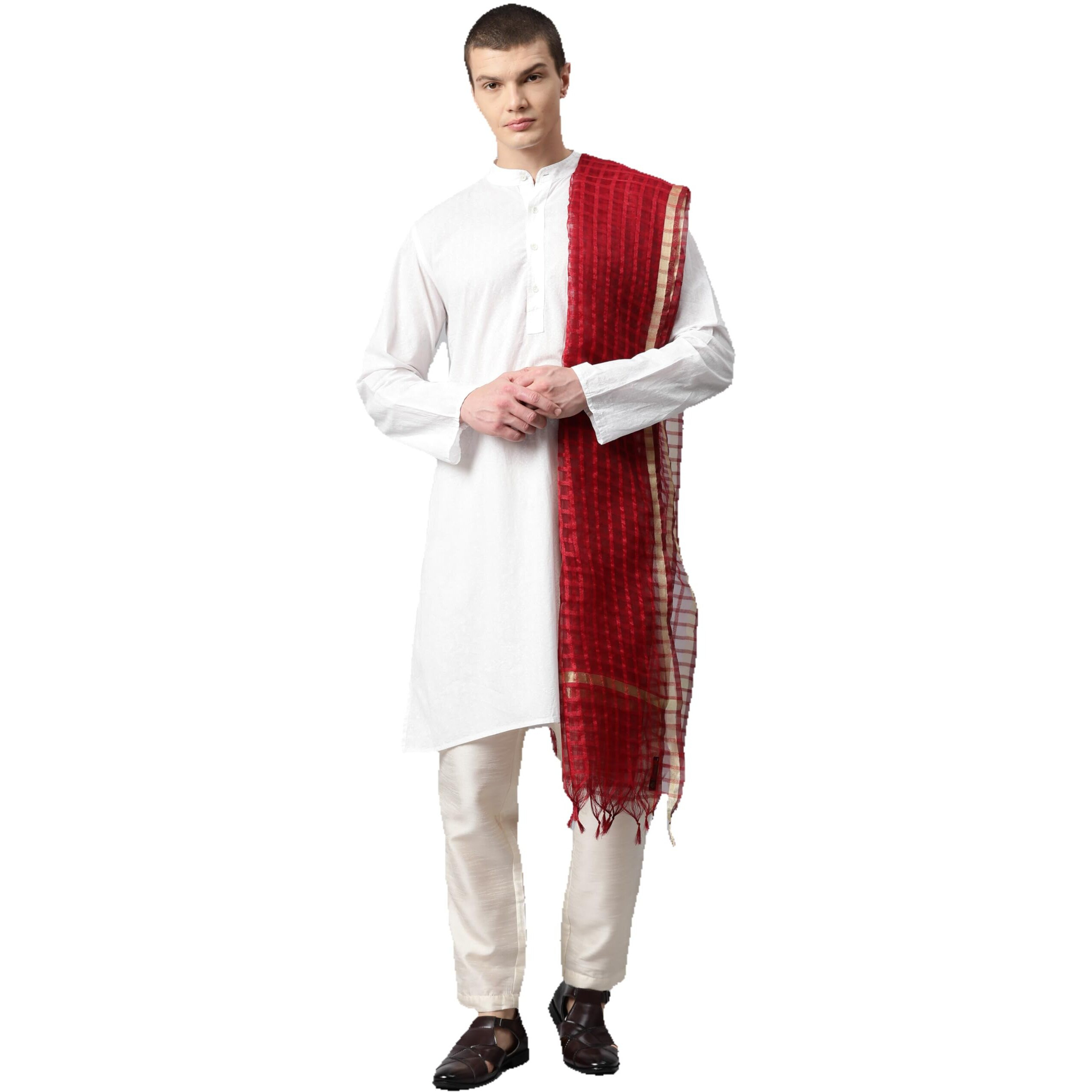 Weavers Villa Poly Silk Ethnic Maroon Woven Checkered Dupatta For Men (2.20 Mtrs)