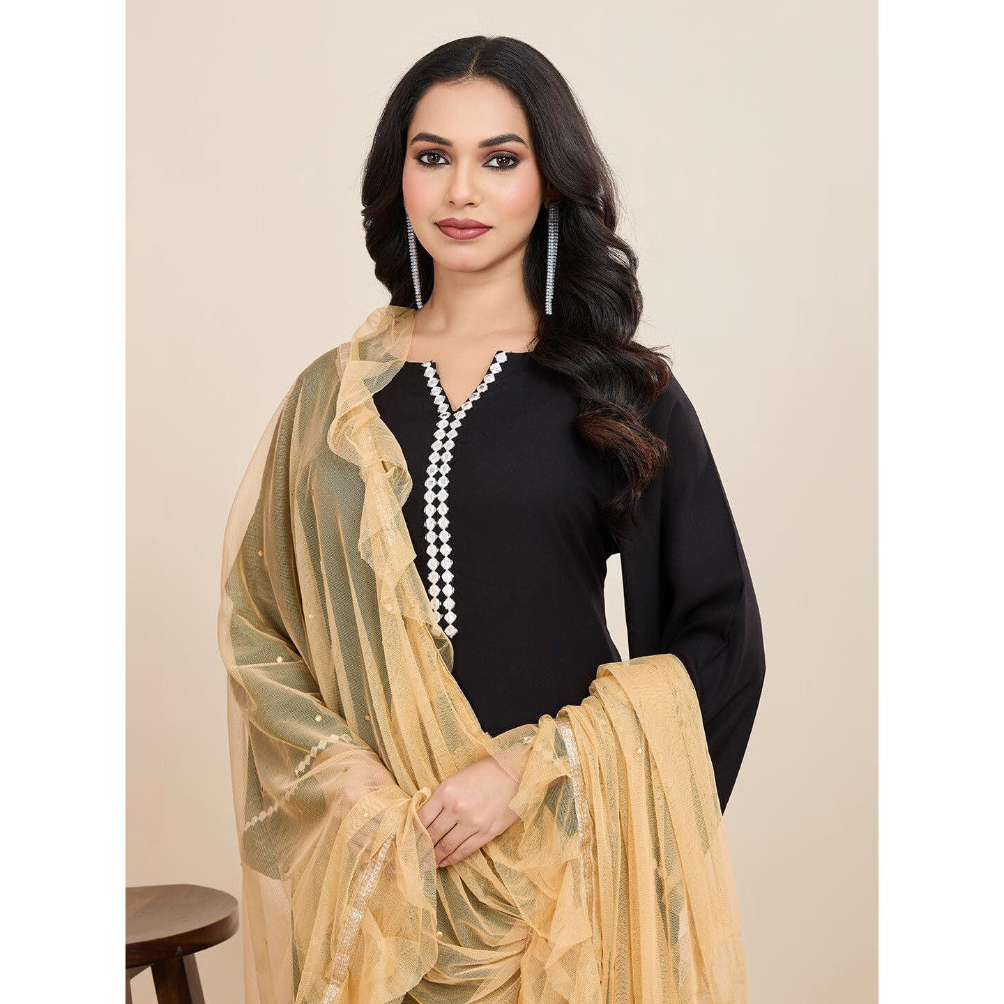 Weavers Villa Poly Net Embellished Dupatta, Chunni (Beige), 2.10 Mtrs