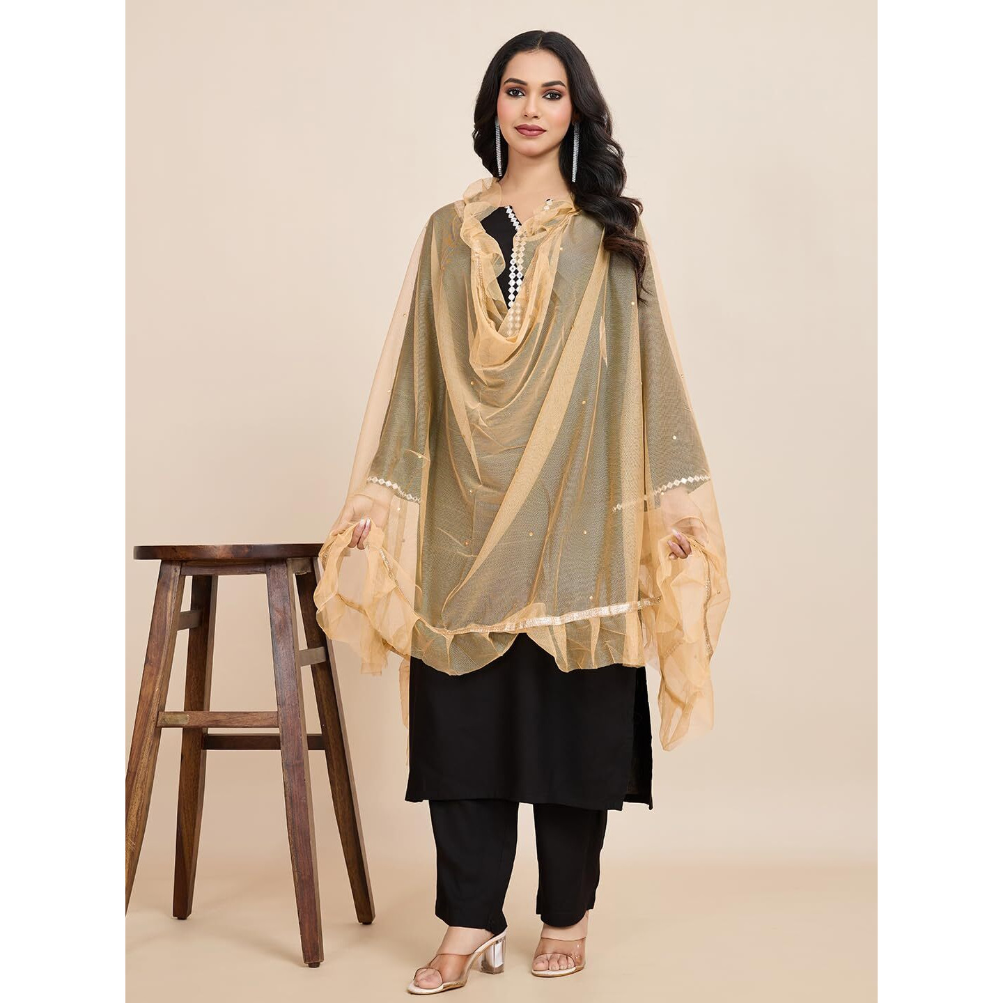 Weavers Villa Poly Net Embellished Dupatta, Chunni (Beige), 2.10 Mtrs