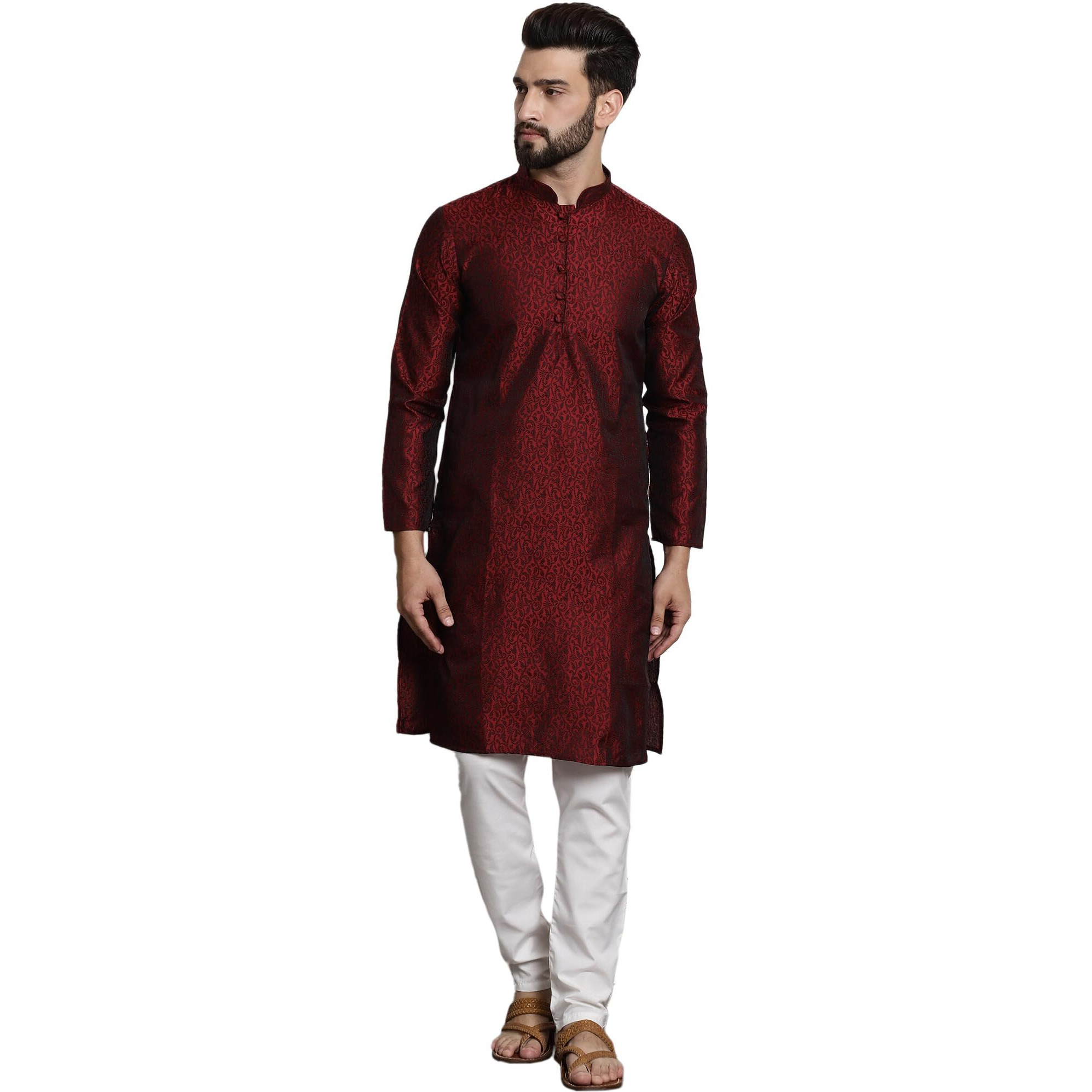 Sojanya (Since 1958 Men's Silk Blend Maroon Self Design Kurta And White Churidar Pyjama