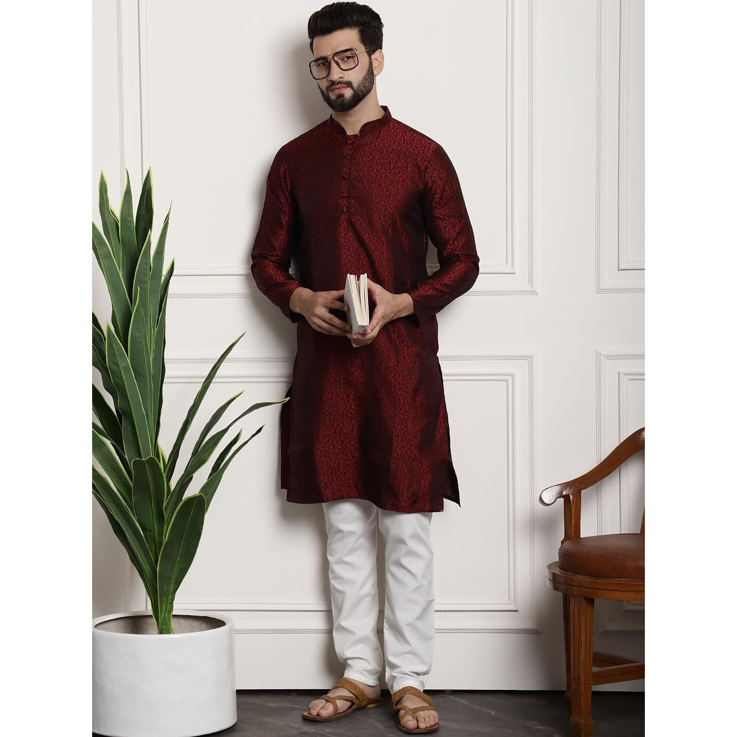 Sojanya (Since 1958 Men's Silk Blend Maroon Self Design Kurta And White Churidar Pyjama