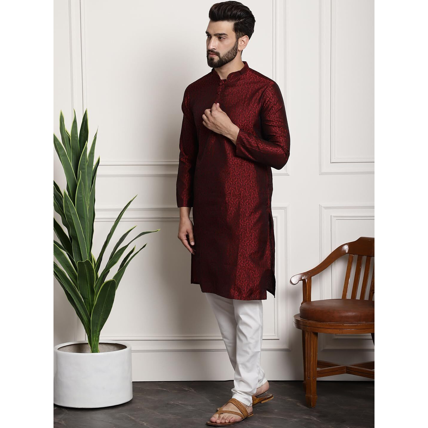 Sojanya (Since 1958 Men's Silk Blend Maroon Self Design Kurta And White Churidar Pyjama