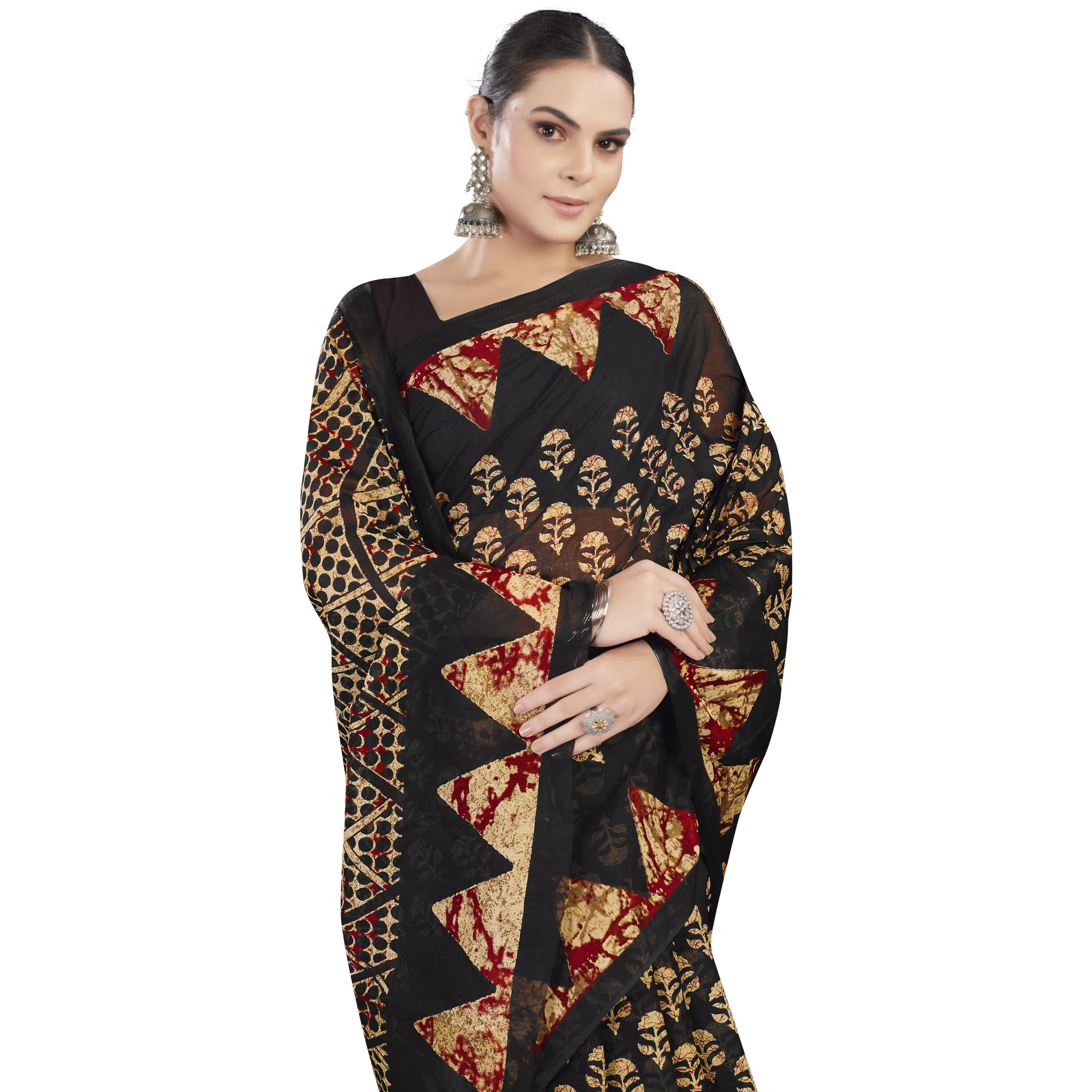 Tamaira Fashion Women's Batik Printed Pure Cotton Mulmul Saree Without Blouse Piece(Ab43_Black)