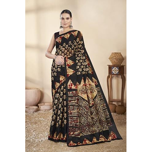 Tamaira Fashion Women's Batik Printed Pure Cotton Mulmul Saree Without Blouse Piece(Ab43_Black)