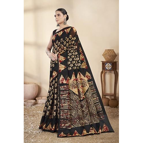 Tamaira Fashion Women's Batik Printed Pure Cotton Mulmul Saree Without Blouse Piece(Ab43_Black)