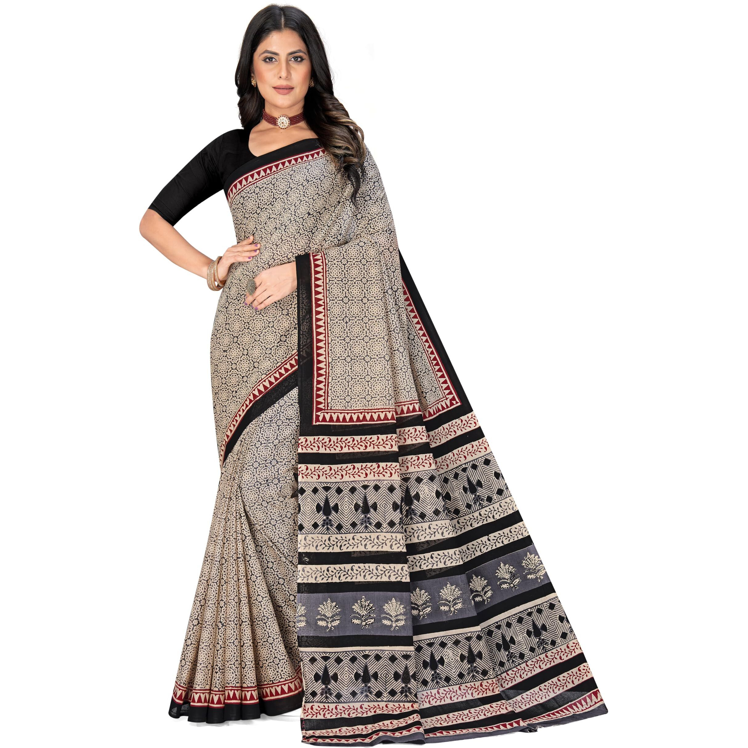 Tamaira Fashion Women's Hand Block Printed Pure Cotton Mulmul Saree Without Blouse Piece(2507_Grey&Black)